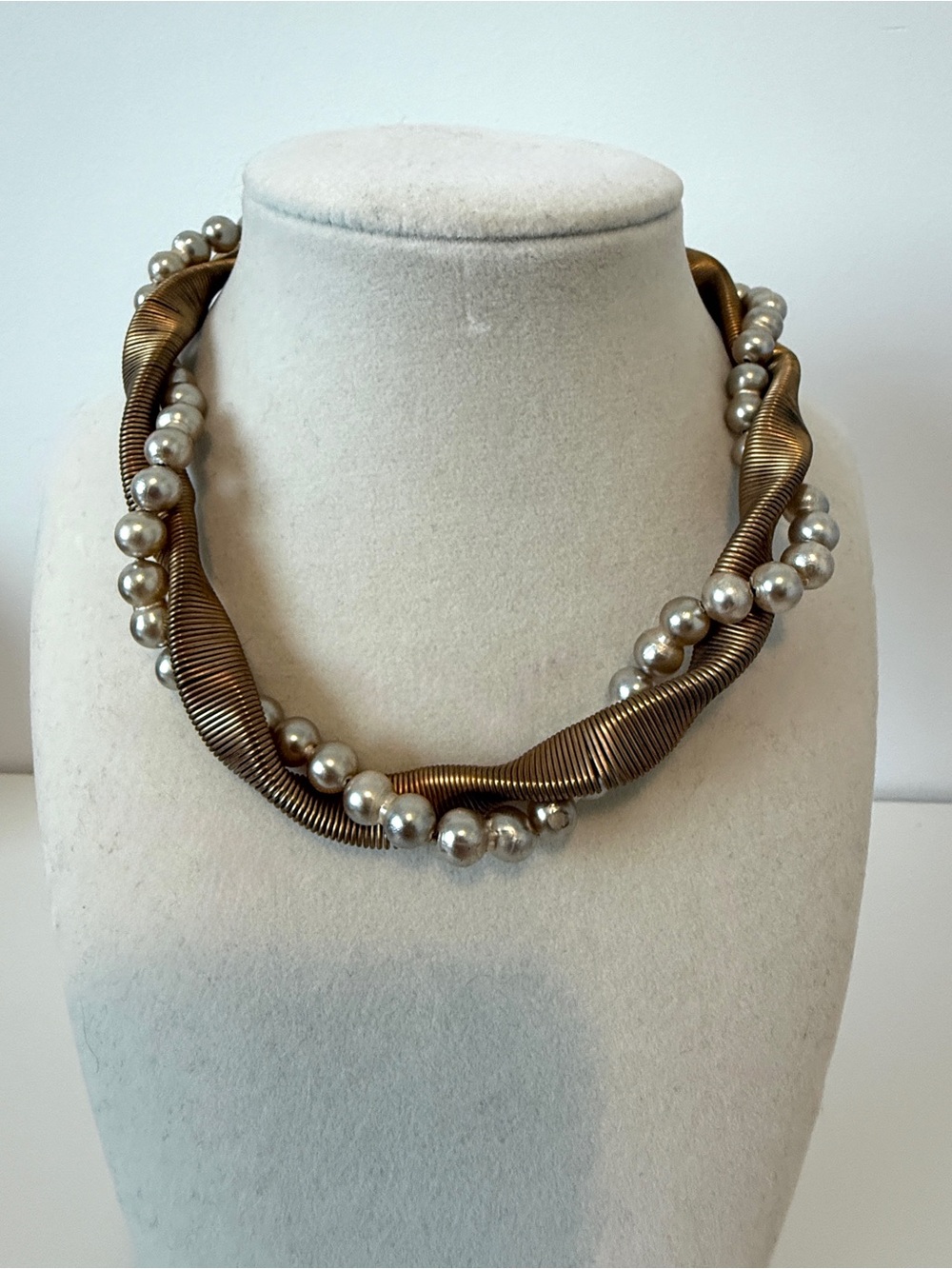 Statement Bronze-Tone Twisted Necklace with Silver Pearls